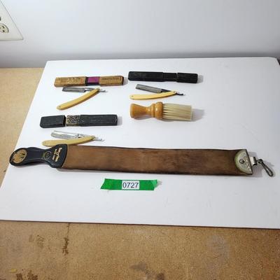 Lot of Barber Shop Straight Razors Brush Razor Strop