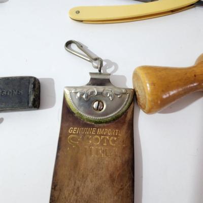 Lot of Barber Shop Straight Razors Brush Razor Strop