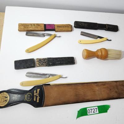 Lot of Barber Shop Straight Razors Brush Razor Strop