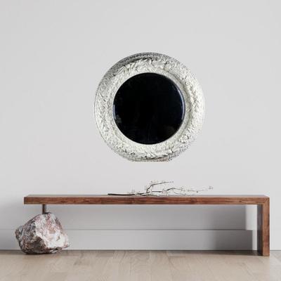 1102 Large Round Ornamental Off-White Beveled Mirror