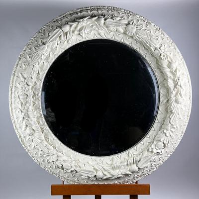 1102 Large Round Ornamental Off-White Beveled Mirror