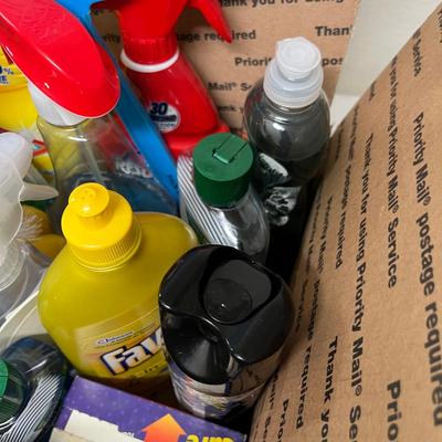 Box of household cleaning items