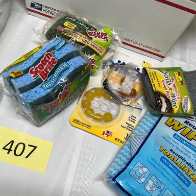 Box of household cleaning items