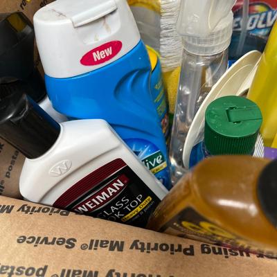 Box of household cleaning items