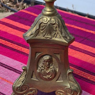 Antique Jesus, Mary & Joseph Brass Candleholder
