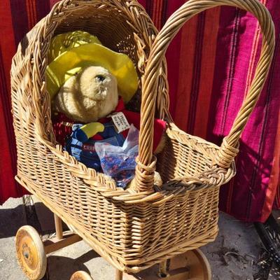 Vintage Wicker Doll Carriage with Paddington Bear