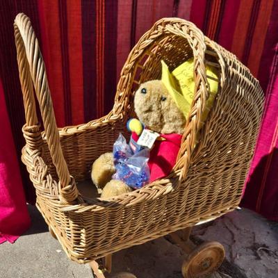 Vintage Wicker Doll Carriage with Paddington Bear