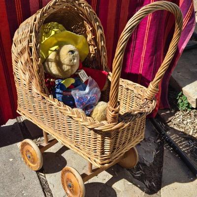 Vintage Wicker Doll Carriage with Paddington Bear