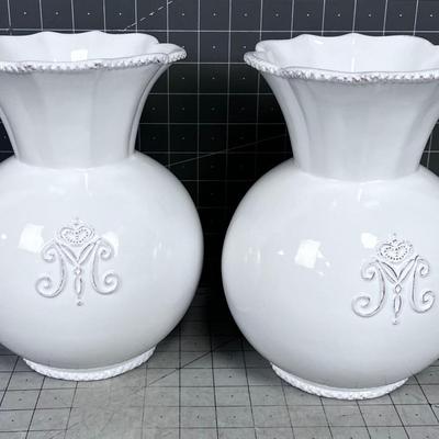 2 White Decorative Vases, NEW 