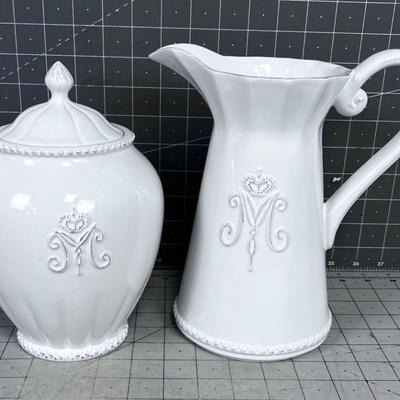 Water Pitcher and a Canister, White Ceramic