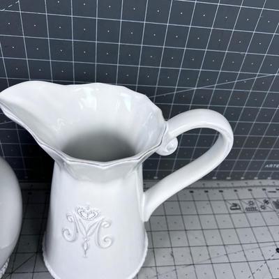 Water Pitcher and a Canister, White Ceramic