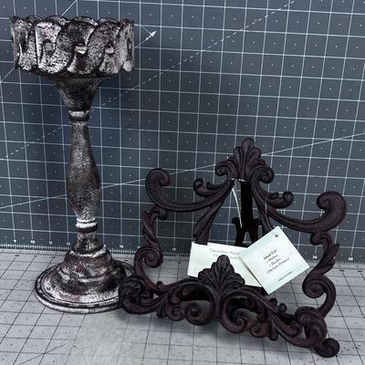 2 pieces of Decorative metal NEW Candle Stick & Easel.