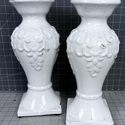 Terra Cotta Shabby Chic Look 2 White Candle Sticks or Pillars