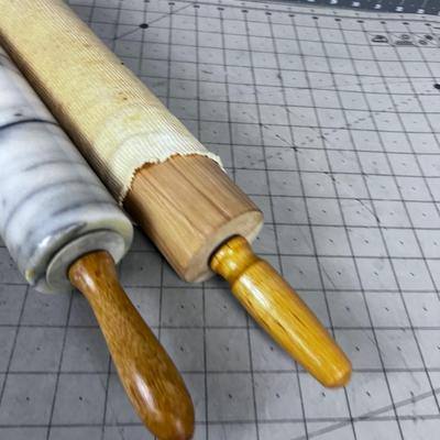 2 Rolling Pins; Wood and Marble