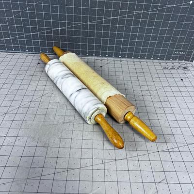 2 Rolling Pins; Wood and Marble