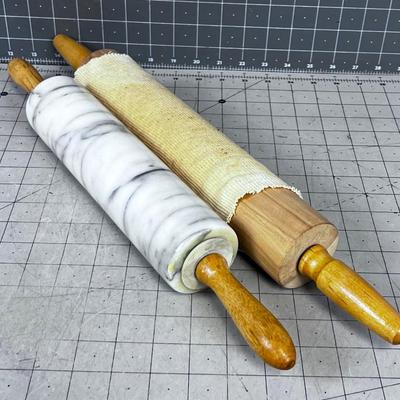 2 Rolling Pins; Wood and Marble