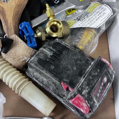 Tray of Garage Stuff; Flash Light, Valve, Battery