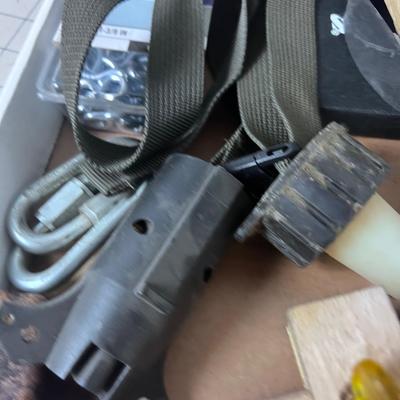 Tray of Garage Stuff; Flash Light, Valve, Battery