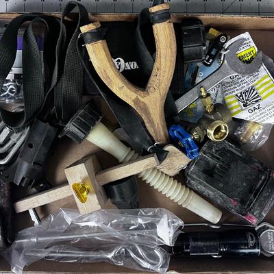 Tray of Garage Stuff; Flash Light, Valve, Battery