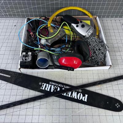 Tray of Garage Stuff; Chain Saw Bar, Cables, Hearing Protection.