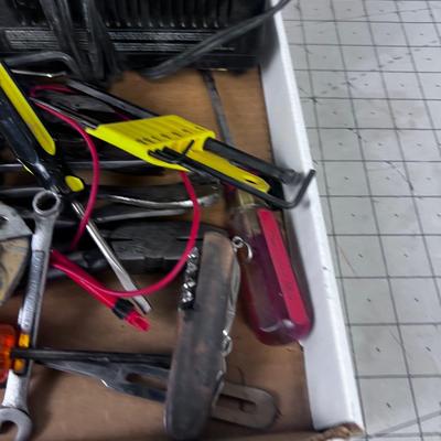 Tray of Garage Stuff; Chain Saw Bar, Cables, Hearing Protection.