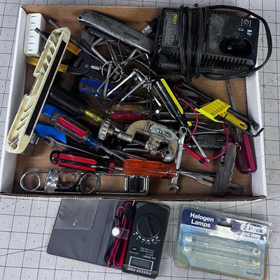 Tray of Garage Stuff; Chain Saw Bar, Cables, Hearing Protection.