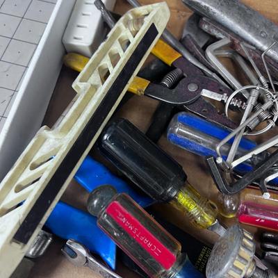 Tray of Stuff; Hand Tools, Battery Charger, Light Bulb