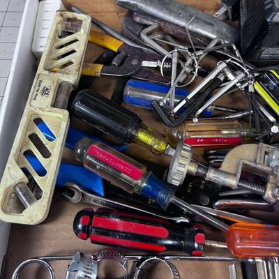 Tray of Stuff; Hand Tools, Battery Charger, Light Bulb
