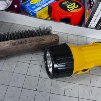 Tray of Garage Stuff:  Tape Measure, Screws, Wire Brush