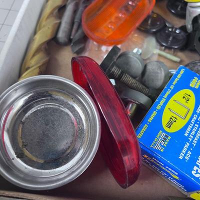 Tray of Garage Stuff:  Tape Measure, Screws, Wire Brush