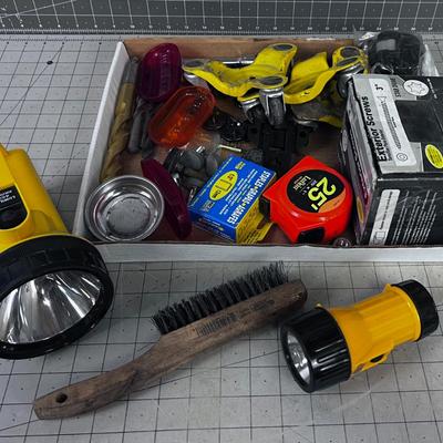 Tray of Garage Stuff:  Tape Measure, Screws, Wire Brush