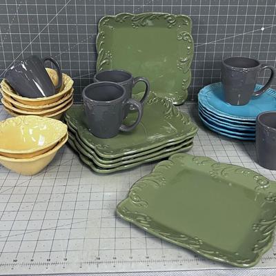 Set of Dishes Mix and Match; Gray, Yellow, Sage, Turquoise Colors