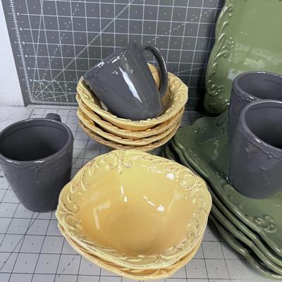 Set of Dishes Mix and Match; Gray, Yellow, Sage, Turquoise Colors
