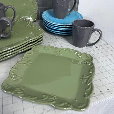 Set of Dishes Mix and Match; Gray, Yellow, Sage, Turquoise Colors