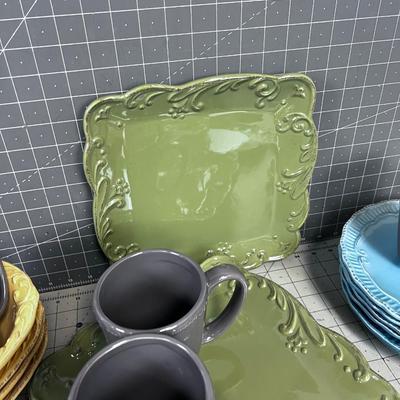 Set of Dishes Mix and Match; Gray, Yellow, Sage, Turquoise Colors