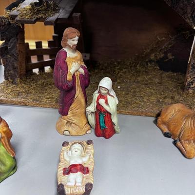 Neat Wood Nativity Set with Ceramic Figures - Complete