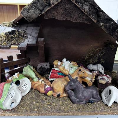 Neat Wood Nativity Set with Ceramic Figures - Complete