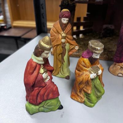 Neat Wood Nativity Set with Ceramic Figures - Complete