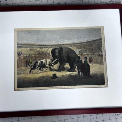 Harpers Weekly Framed Lithograph Dated 1871 Flight Between Elephant and Bull