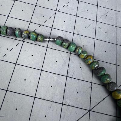 Purple, Green, Gold Toned Stone or Hand rolled Clay turned into a bead? Necklace