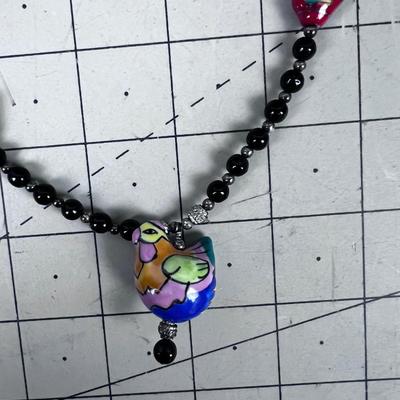 Set of Necklace and Earrings, With Hand Crafted Ceramic Beads of Birds. NEAT!!!