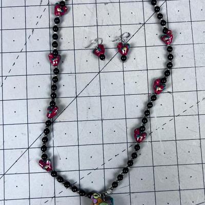 Set of Necklace and Earrings, With Hand Crafted Ceramic Beads of Birds. NEAT!!!