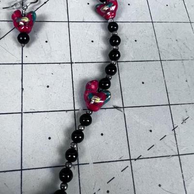 Set of Necklace and Earrings, With Hand Crafted Ceramic Beads of Birds. NEAT!!!