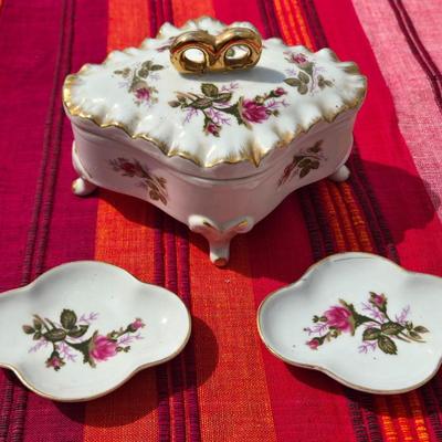 Vintage Porcelain Jewelry Box with (2) Ring Dishes
