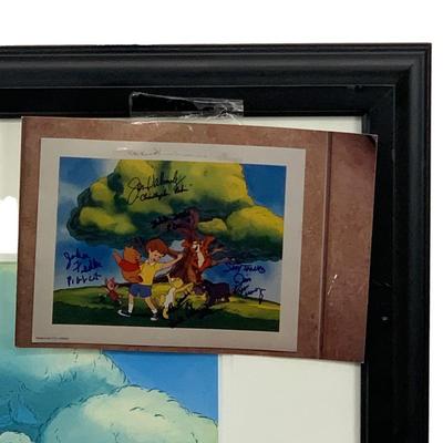 Winnie the Pooh artwork signed by Jon Walmsley, Jim Cummings, John Fledler, Peter Cullen, Ken Samson, and Nikita Hopkins