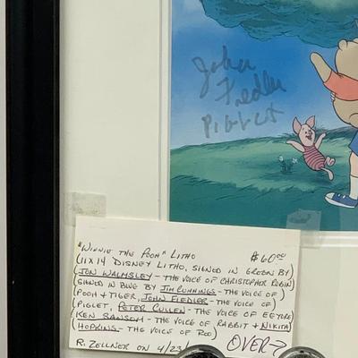 Winnie the Pooh artwork signed by Jon Walmsley, Jim Cummings, John Fledler, Peter Cullen, Ken Samson, and Nikita Hopkins