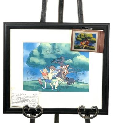Winnie the Pooh artwork signed by Jon Walmsley, Jim Cummings, John Fledler, Peter Cullen, Ken Samson, and Nikita Hopkins