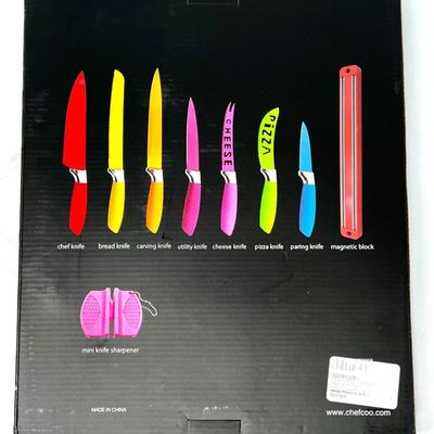 Brand New Set of 7 Knives with Sharpener and Magnetic Wall Block
