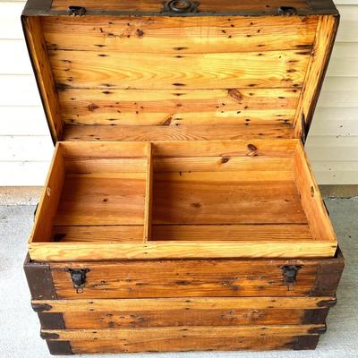 Gorgeous Antique Hand Made Solid Wood Trunk Chest with Pull Out Shelf and Small Casters