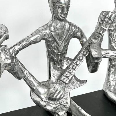 Metal Jazz Musician Sculpture on Wood Bench